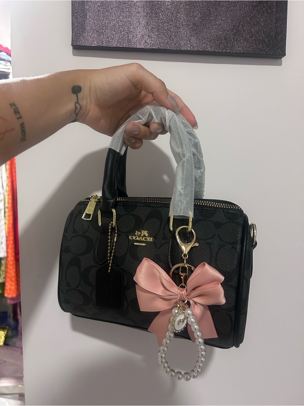 Coach Black Signature Mini Satchel with Pink Bow and Pearl Charm - Picture 4 of 6